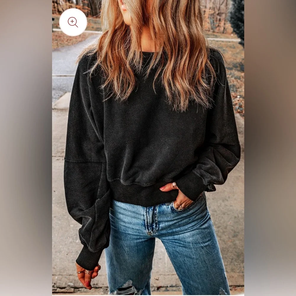 NWT 2XL Cotton Blend Black Acid Wash Open Back Sweatshirt - Picture 2 of 3